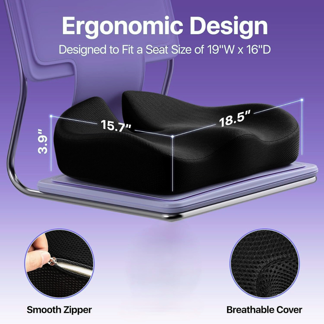 ORTHOCURE™ Premium Orthopedic Memory Foam Coccyx Seat Cushion for Tail Bone Pain & Posture Correction